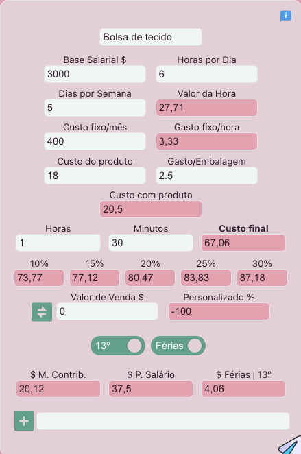 Calculadora gratuita preenchida: Base Salarial R$ 3000, Valor da Hora R$ 27,71 calculado sozinho, e o Custo final em R$ 67,06.
